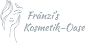 Logo von Fränzi's Kosmetik-Oase: stilisierte Zeichnung eines Frauengesichts und einer Frauenhand, Text in grauer Schrift.