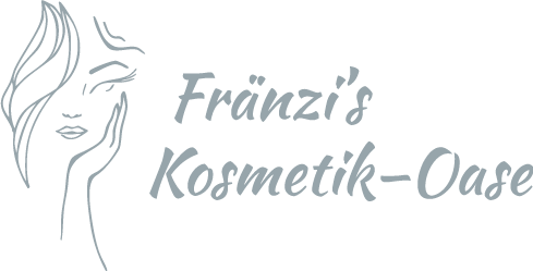 Logo von Fränzi's Kosmetik-Oase: stilisierte Zeichnung eines Frauengesichts und einer Frauenhand, Text in grauer Schrift.