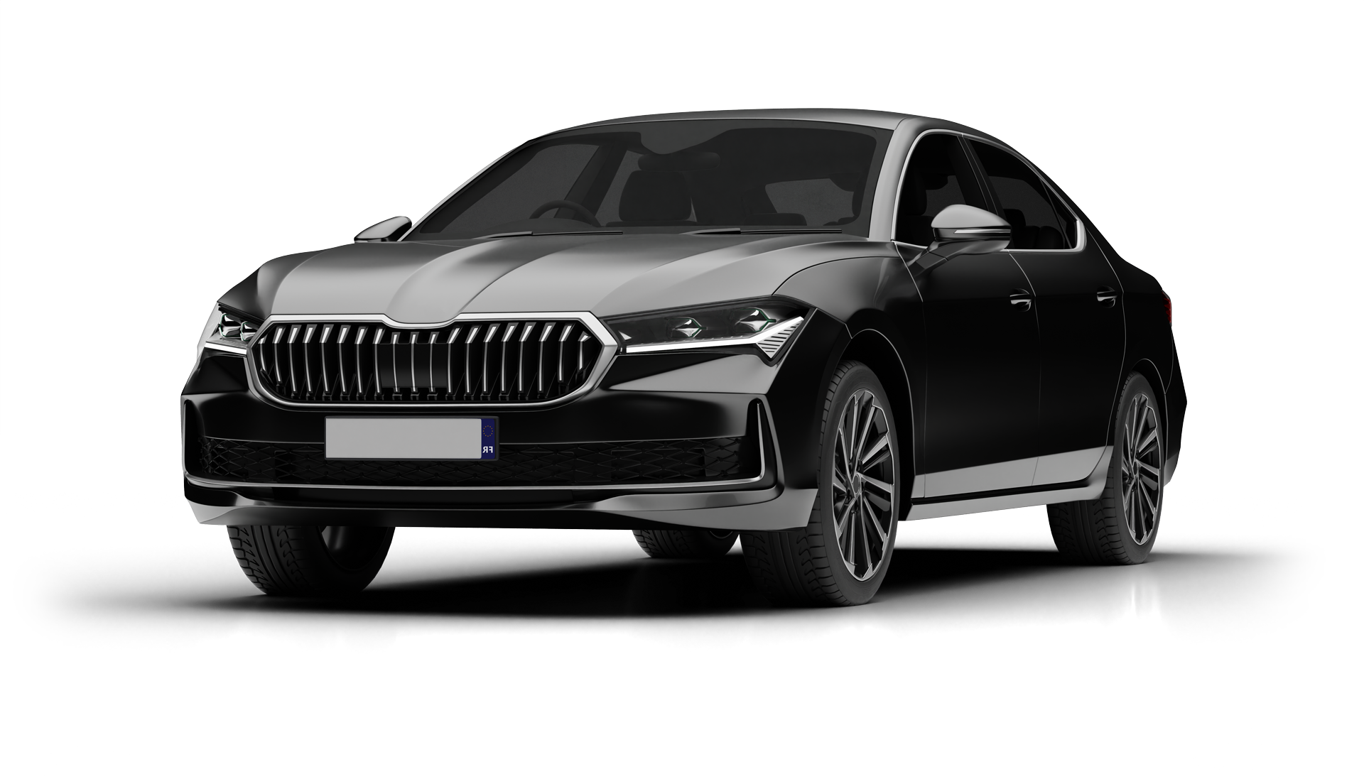 Une berline Škoda noire, photographiée de trois quarts avant sur fond blanc uni.