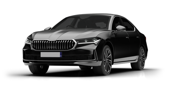 Une berline Škoda noire, photographiée de trois quarts avant sur fond blanc uni.