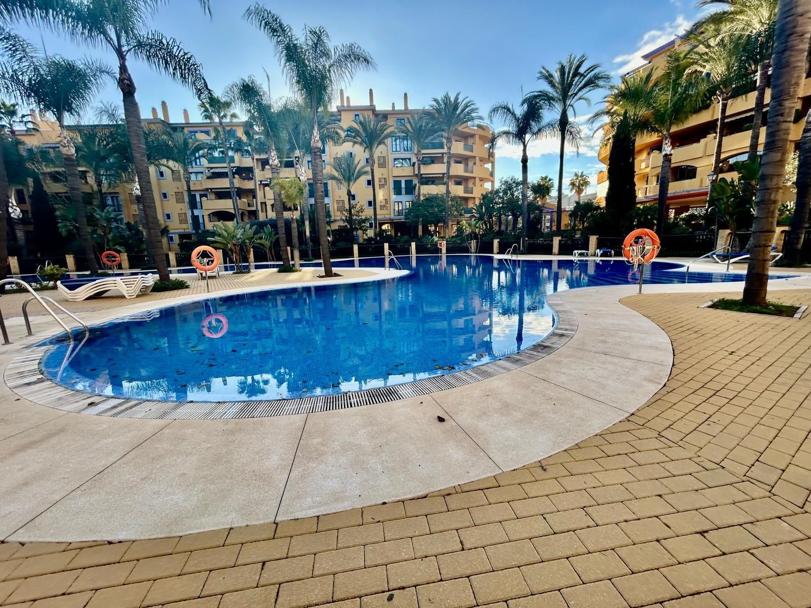 Una piscina rodeada de pavimento color canela y palmeras, con edificios de apartamentos al fondo bajo un cielo azul.