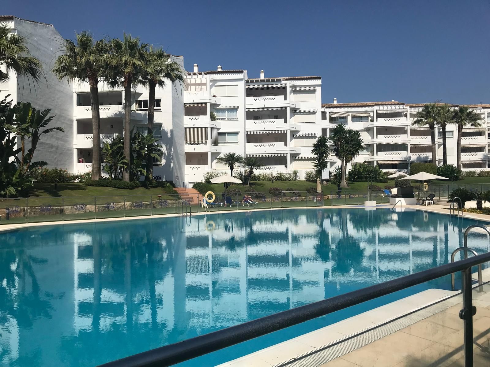 Piscina frente a edificios de apartamentos blancos, palmeras y cielo azul.