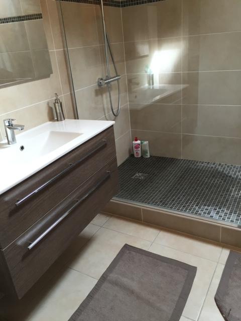 Salle de bains avec une grande douche à l'italienne.