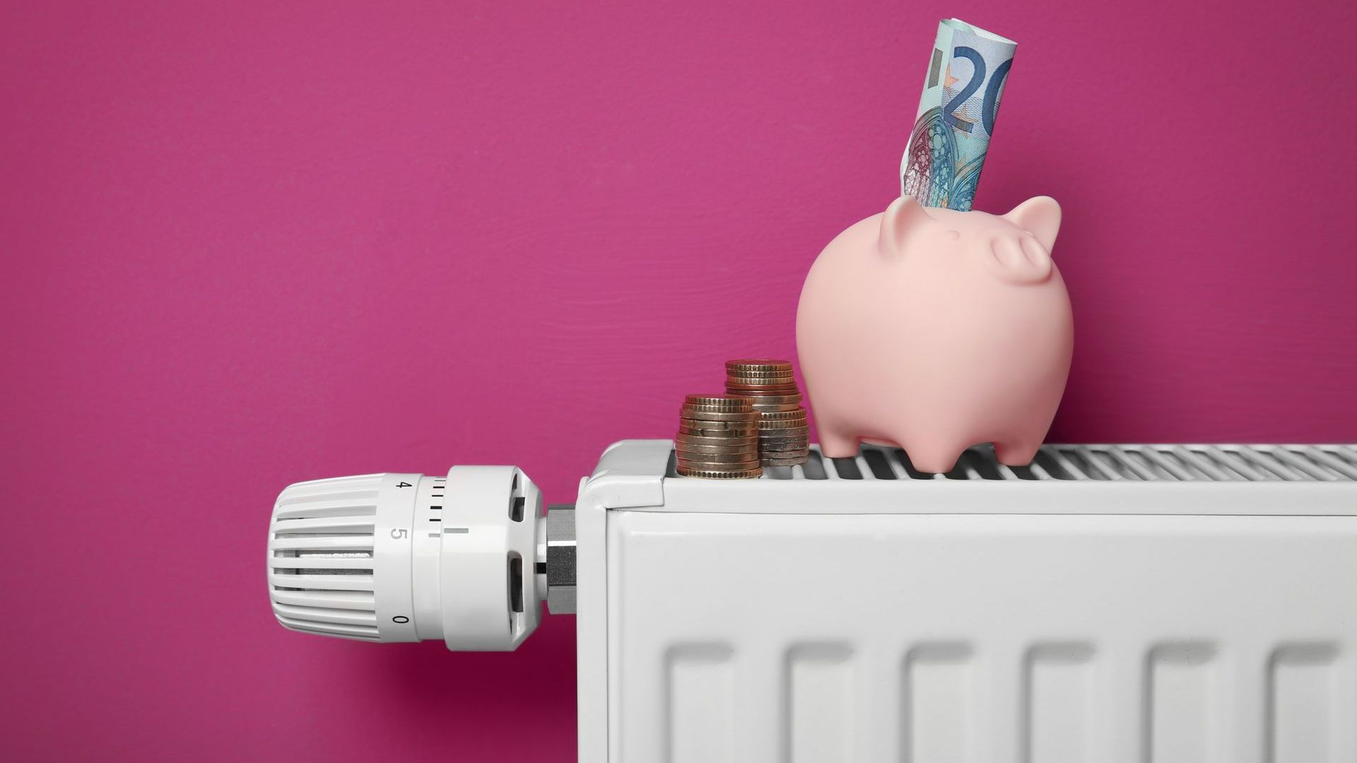 Un cochon en tirelire avec 20 € posé sur un radiateur.