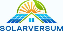 SOLARVERSUM-Logo mit blauen Solarmodulen, Sonne und einem Hausdach in Grün und Orange
