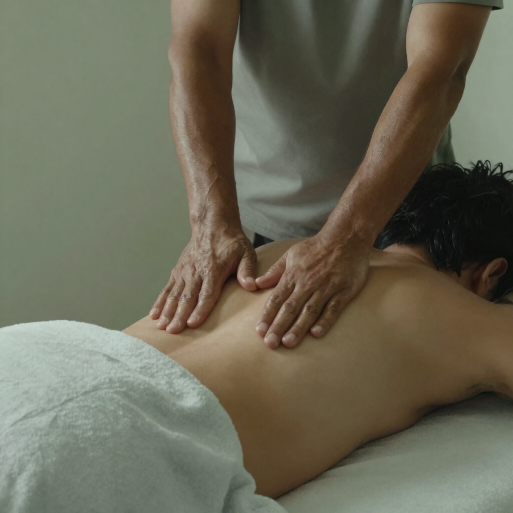 Masajista presionando la espalda de un cliente durante un tratamiento en un spa