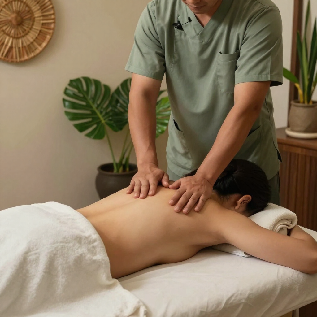 Masajista dando un masaje de espalda en una sala de tratamientos de spa