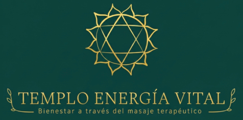 Logotipo geométrico dorado de un mandala con «Templo Energía Vital» sobre un fondo verde oscuro y un subtítulo debajo.