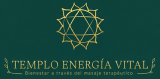 Logotipo geom&eacute;trico dorado de un mandala con &laquo;Templo Energ&iacute;a Vital&raquo; sobre un fondo verde oscuro y un subt&iacute;tulo debajo.