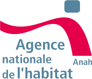 Logo de l'Agence nationale de l'habitat (Anah) : arche stylisée rouge, carré bleu, texte bleu sur fond blanc.