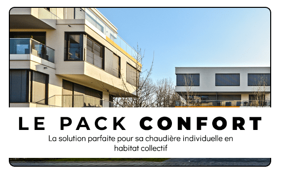 Bâtiments modernes et publicité textuelle « Le Pack Confort » pour des solutions de chauffage individuelles dans les logements partagés.