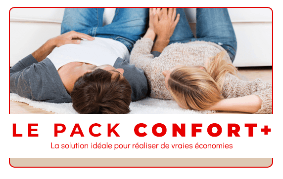 Un couple se tenant la main, allongé sur le sol, faisant la promotion du forfait « Confort+ ».