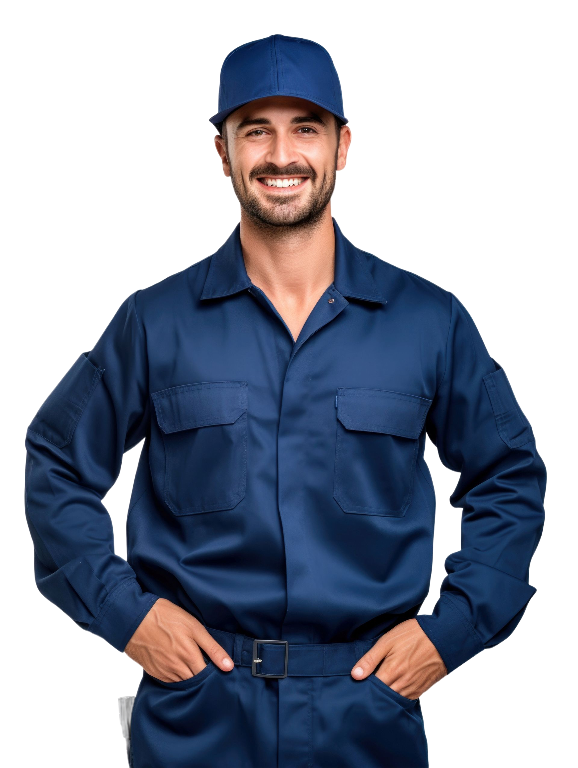 Mécanicien en tenue de travail bleue, souriant, les mains dans les poches.