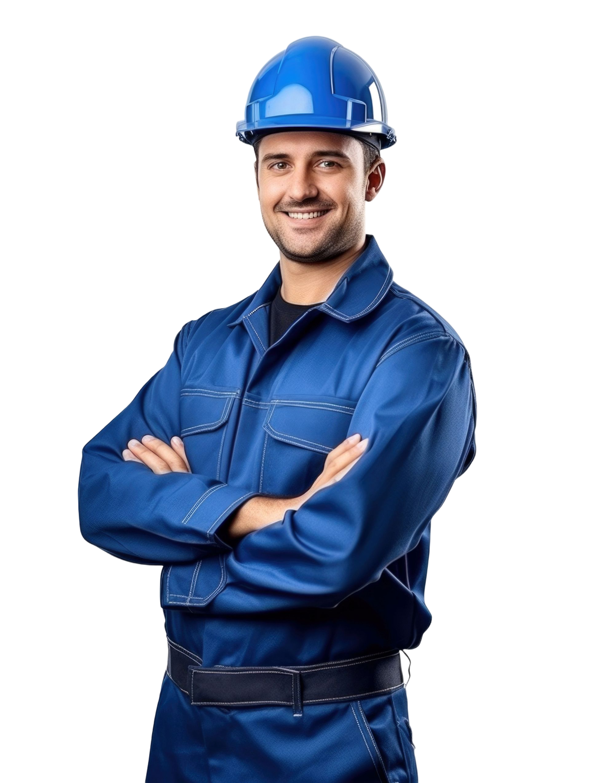 Ouvrier du bâtiment portant un casque bleu et un uniforme, les bras croisés, souriant.