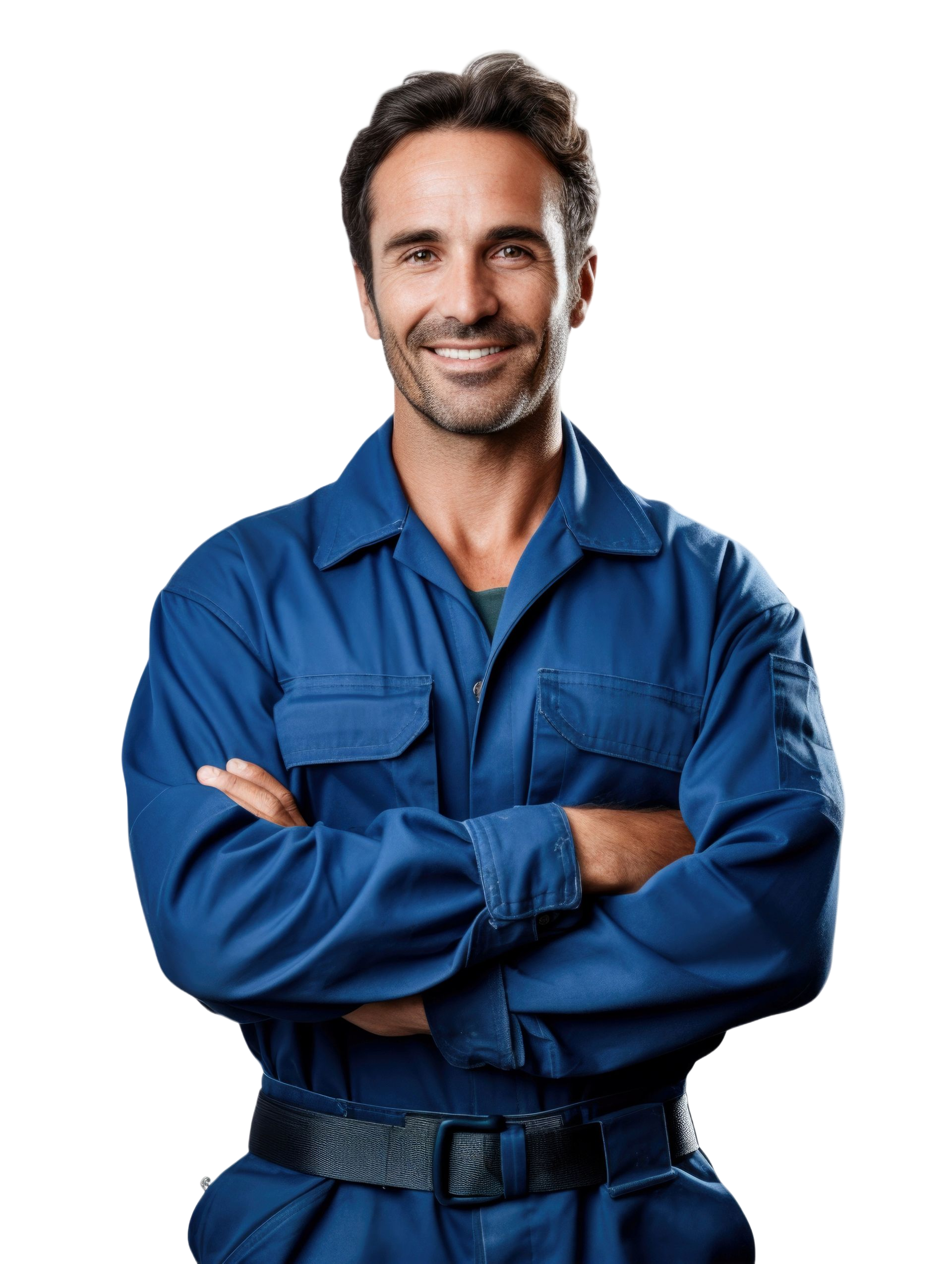 Homme en combinaison bleue, les bras croisés, souriant.