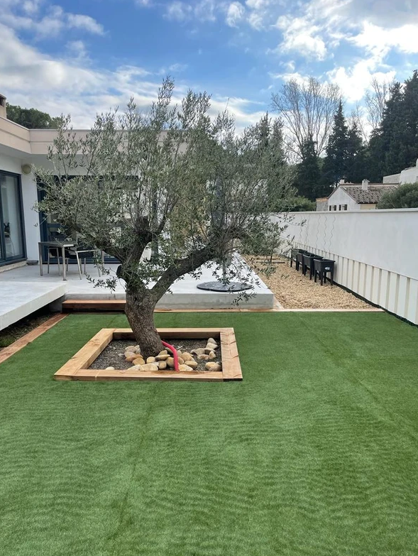 Terrasse extérieure avec vue sur des arbres et un ciel ensoleillé