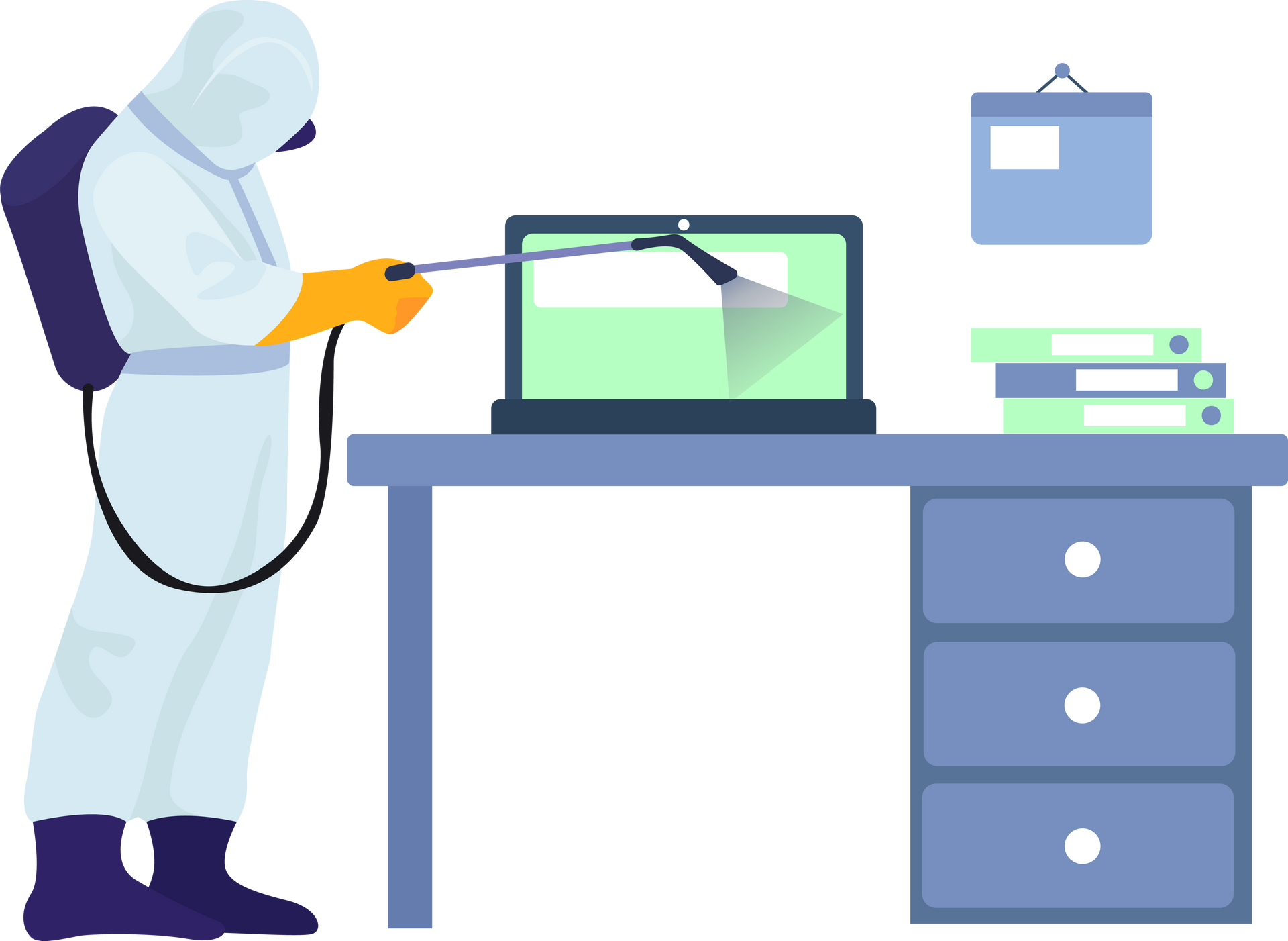 Un technicien hygiéniste qui désinfecte un bureau
