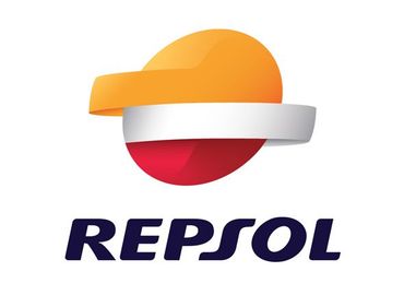 Logotipo de Repsol: forma abstracta naranja y blanca sobre "REPSOL" en azul oscuro.