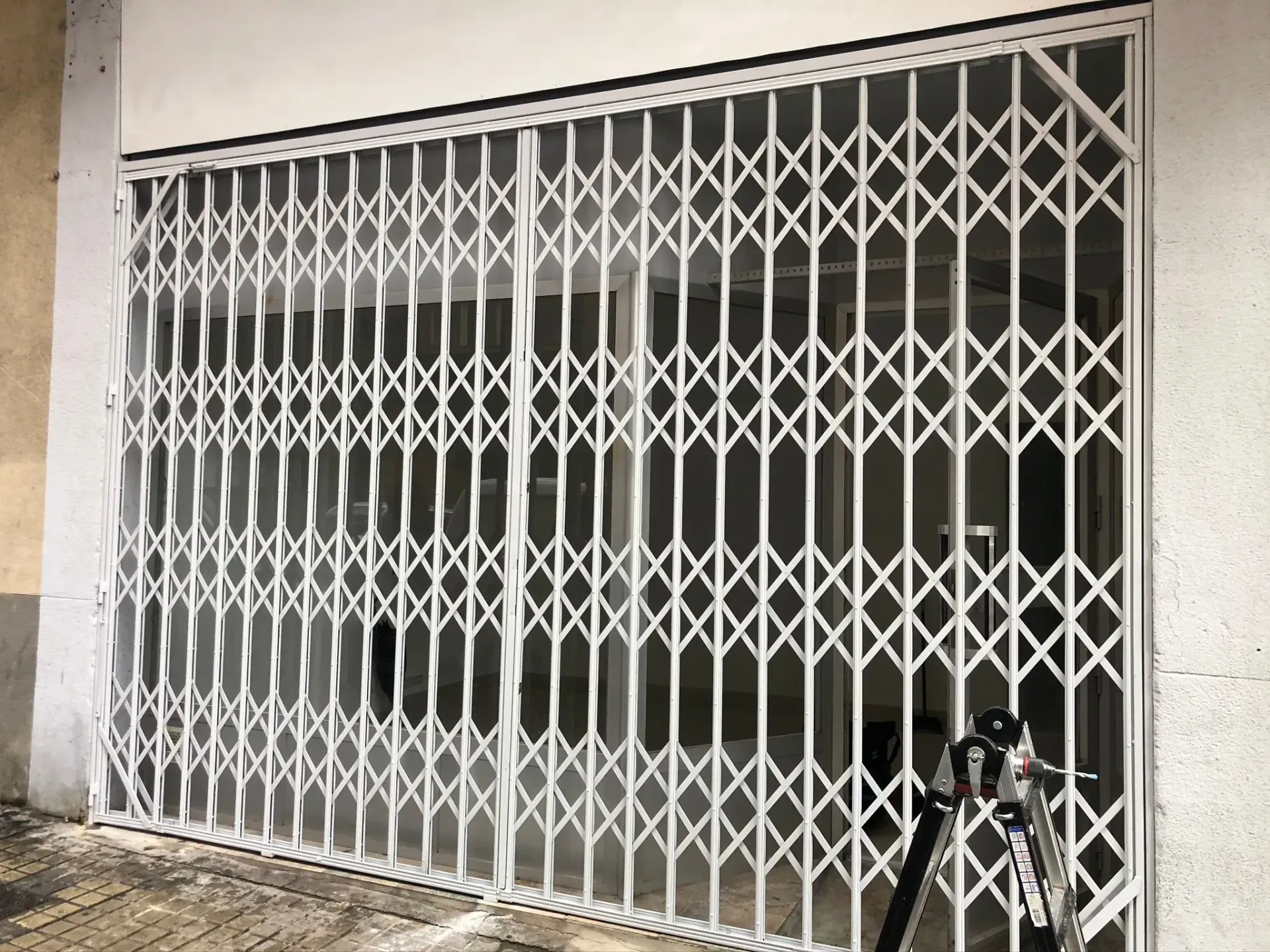 Una puerta blanca con una bicicleta estacionada delante de ella.