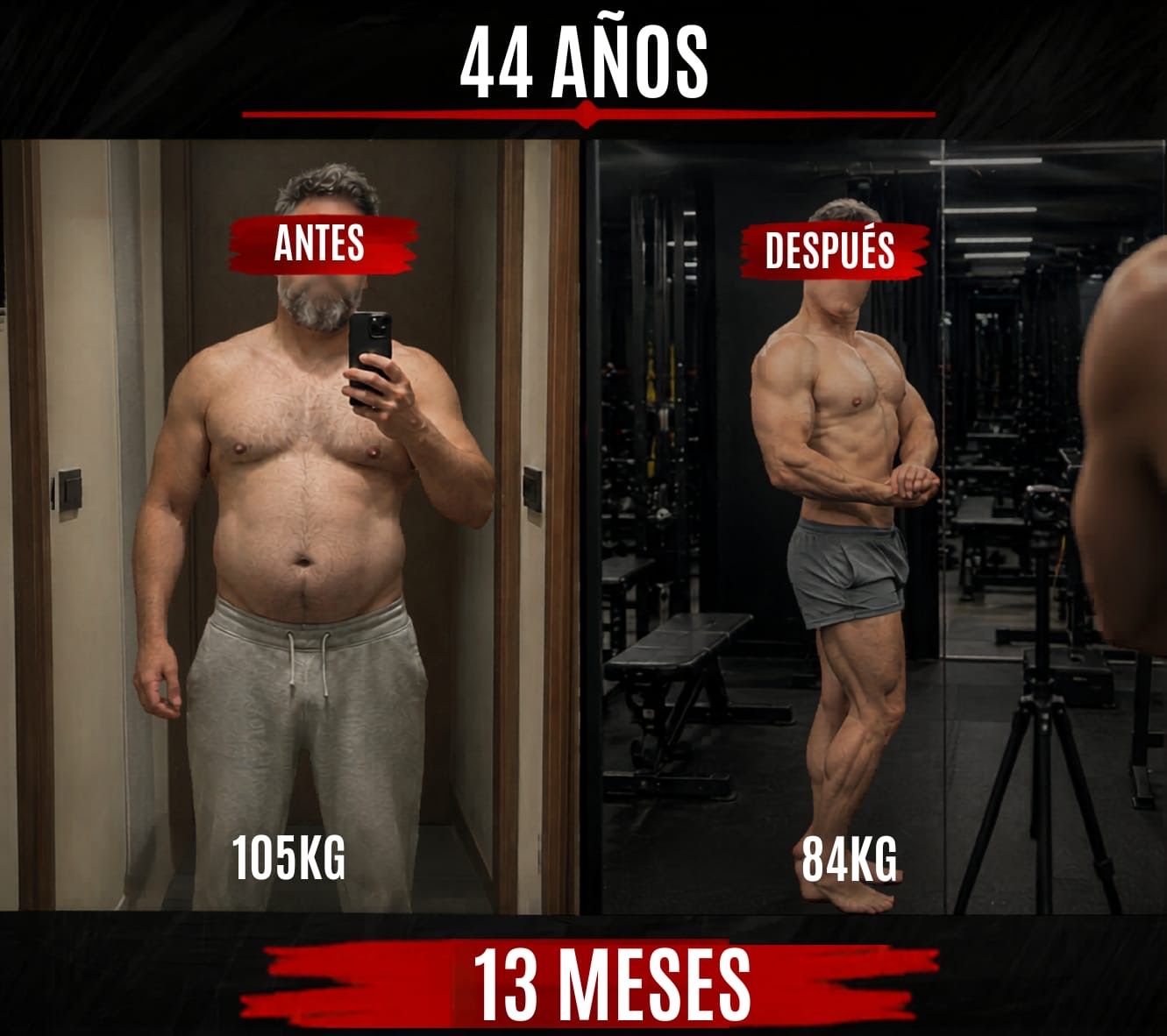 Collage de antes y después del entrenamiento físico: hombre sin camisa con 105 kg y luego con 84 kg en un gimnasio