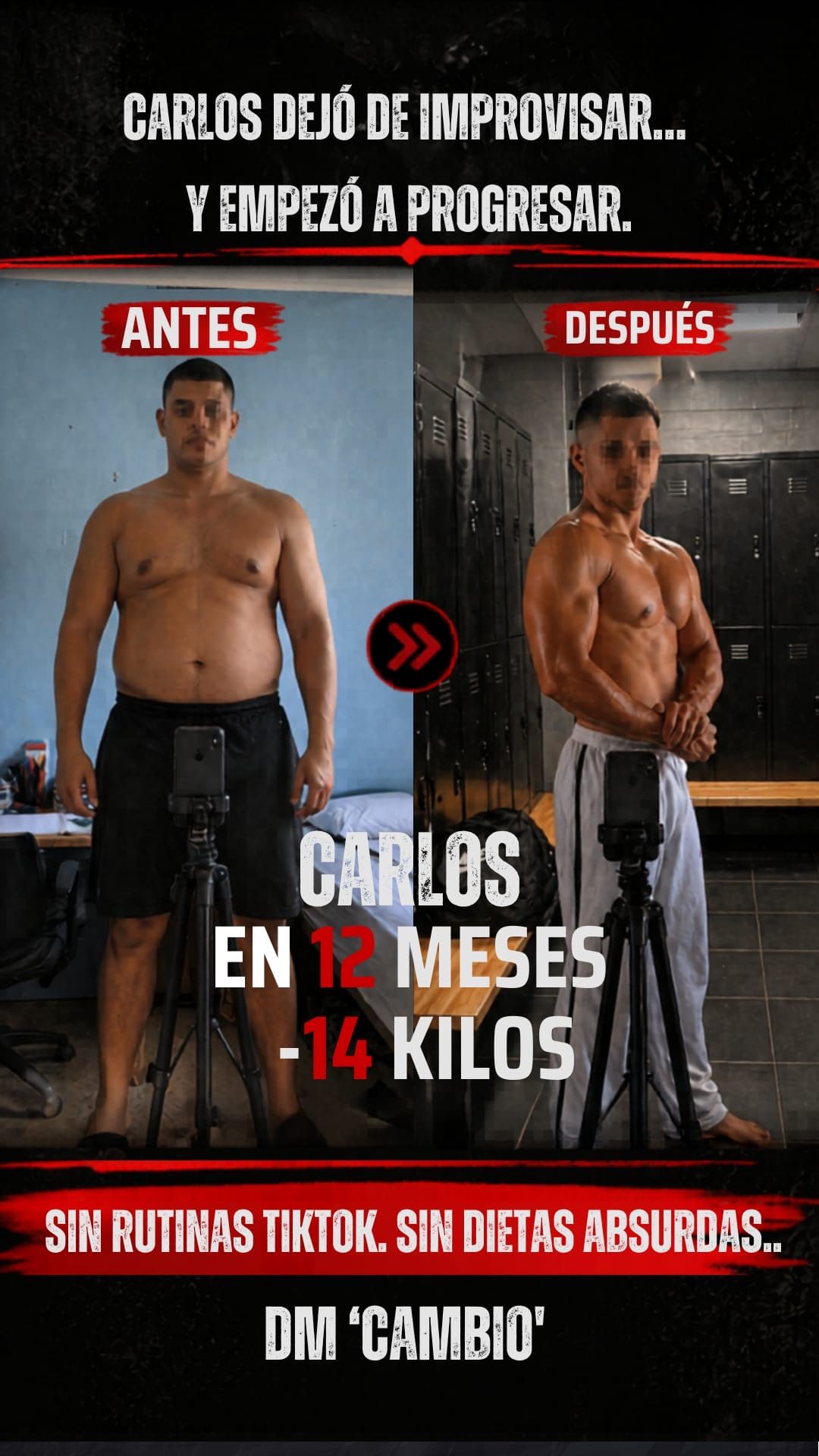 Antes y después de un hombre musculoso; español promociona 12 meses y 14 kg perdidos.