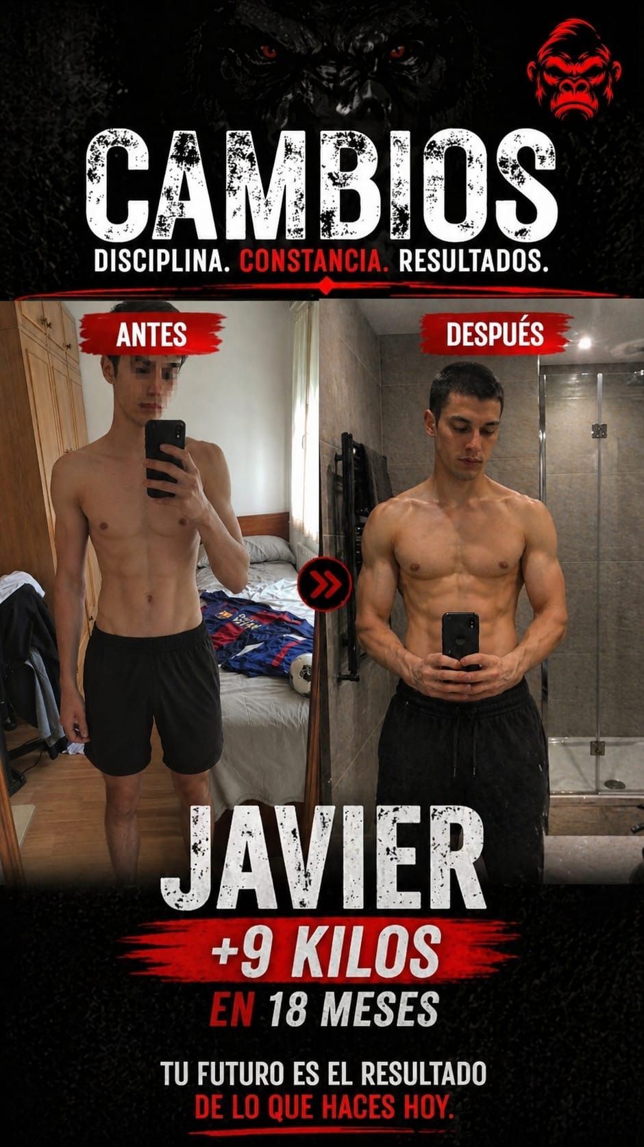 Antes y después de un hombre en calzoncillos, mostrando pérdida de peso frente a un espejo.