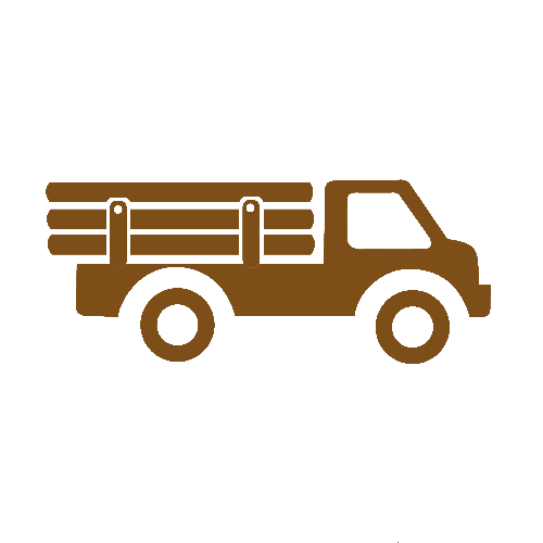 Ein brauner LKW mit einer Holzpritsche auf weißem Hintergrund.