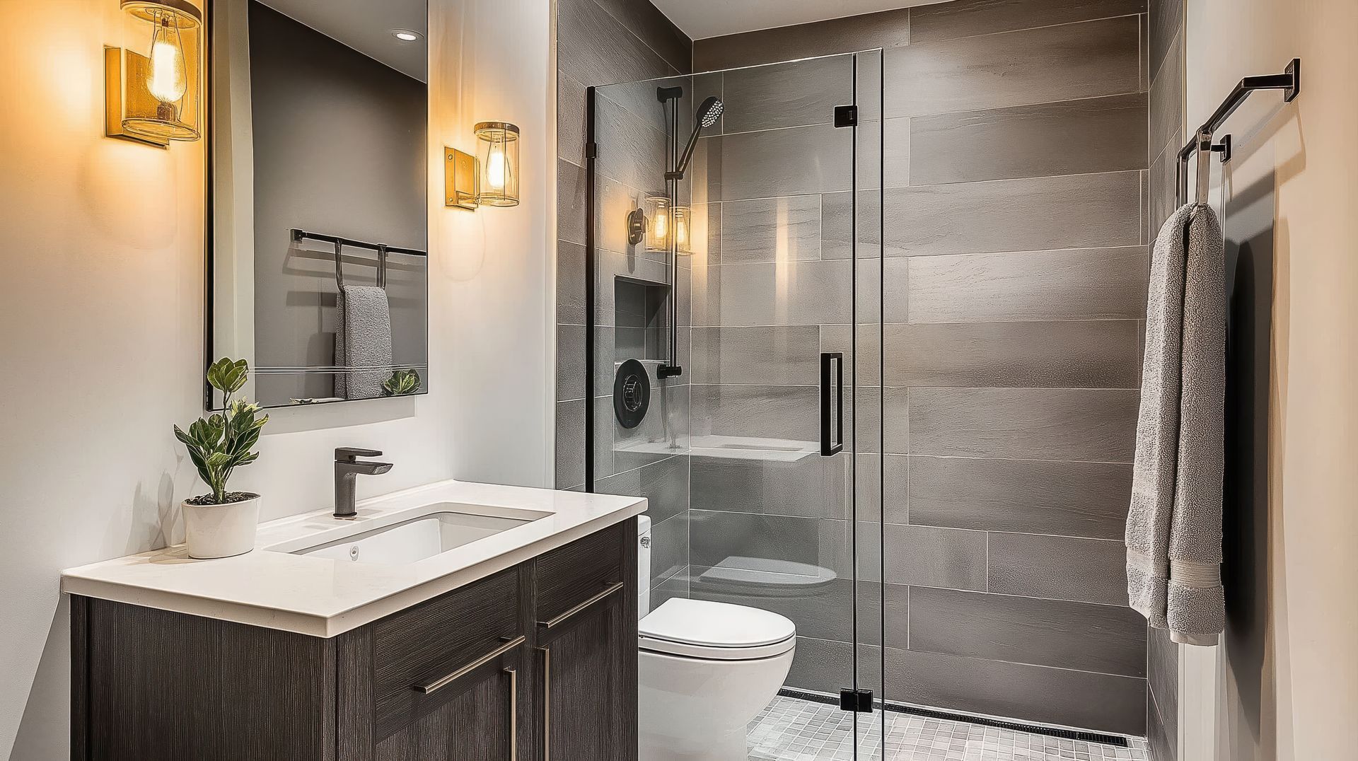 Salle de bains avec douche et murs carrelés gris, lavabo blanc, meuble-lavabo en bois et appliques dorées.