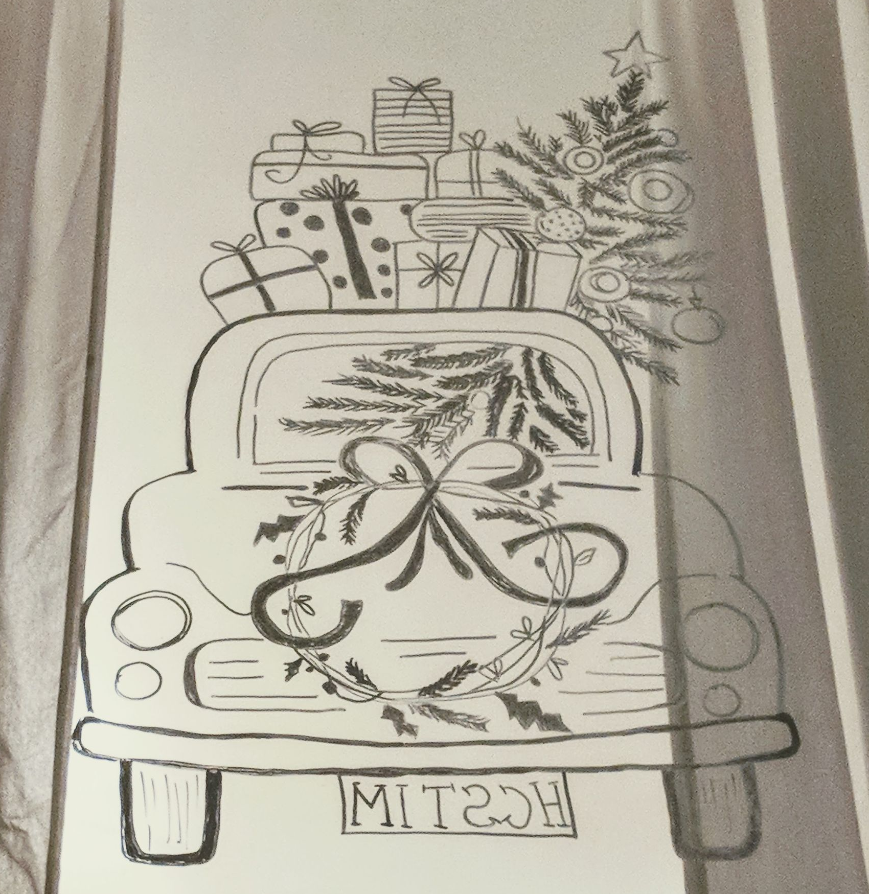 Fensterbild mit Kreidestift, Weihnachtliches Auto