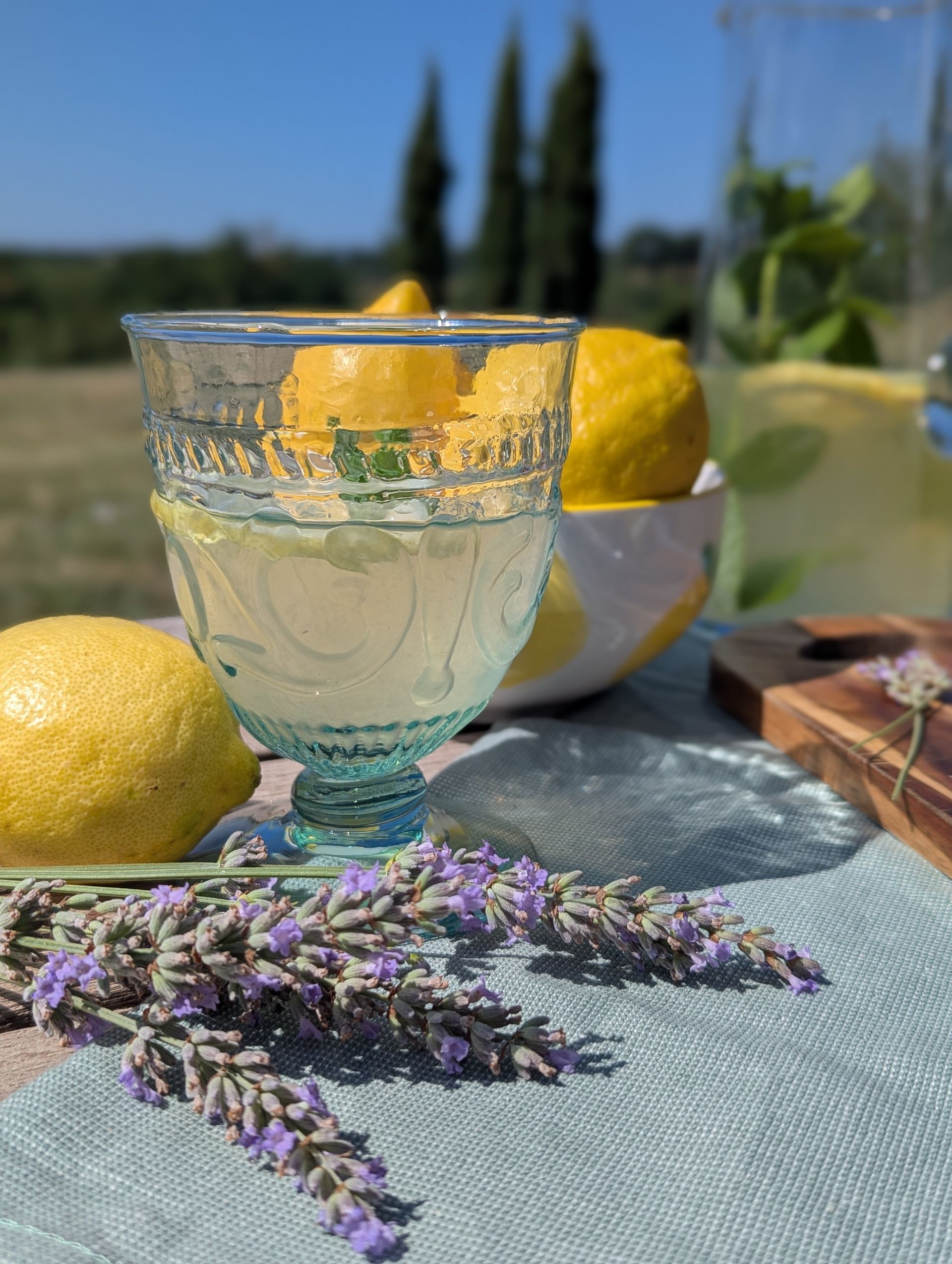 Im Vordergrund Lavendelblüten dahinter ein Glas Limonade und eine Schüssel mit Zitronen. Im Hintergrund Zypressen.