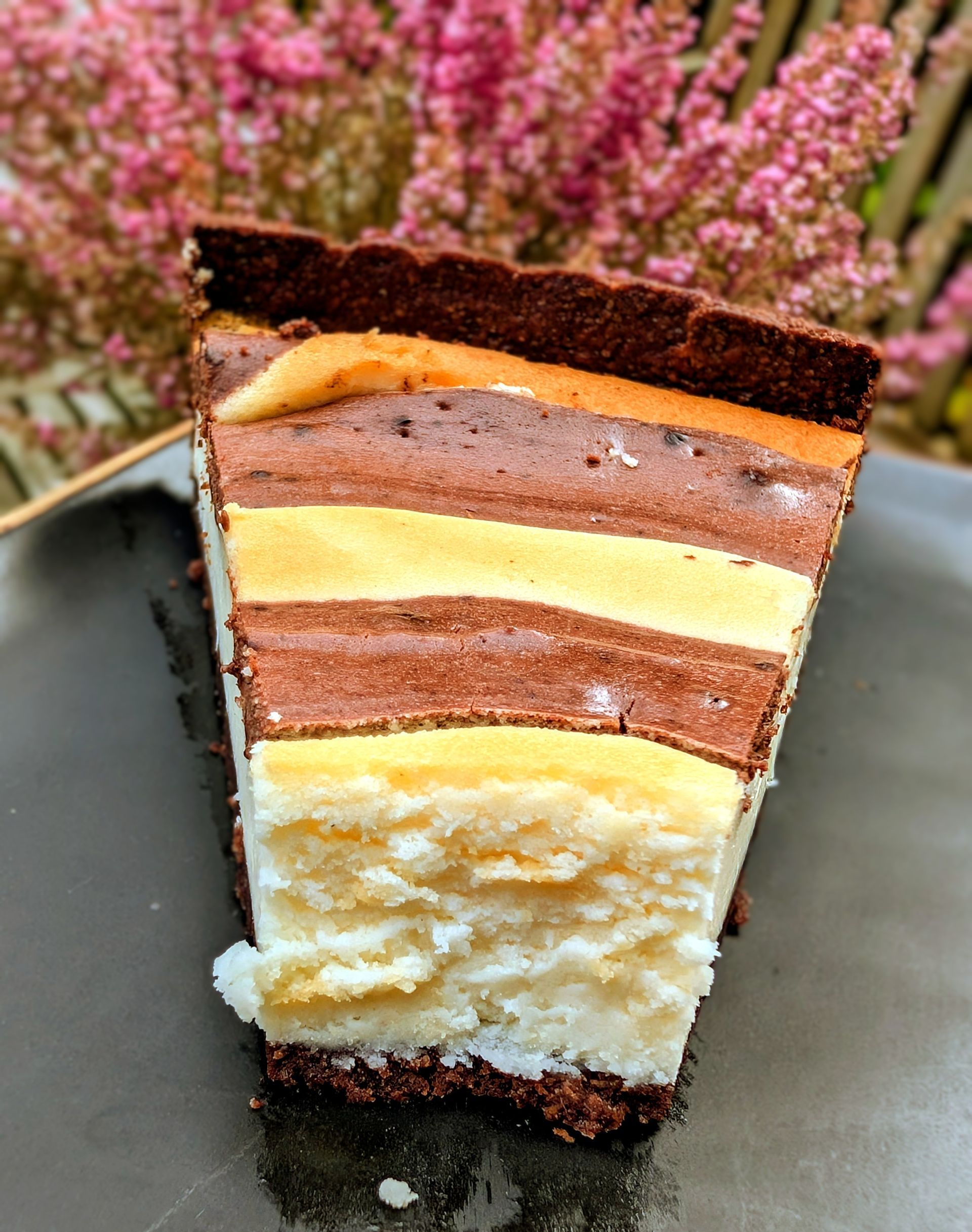 Ein Stück Käsekuchen mit Pumpkin-Spice. Es fehlt bereits die Spitze des Kchenstücks.