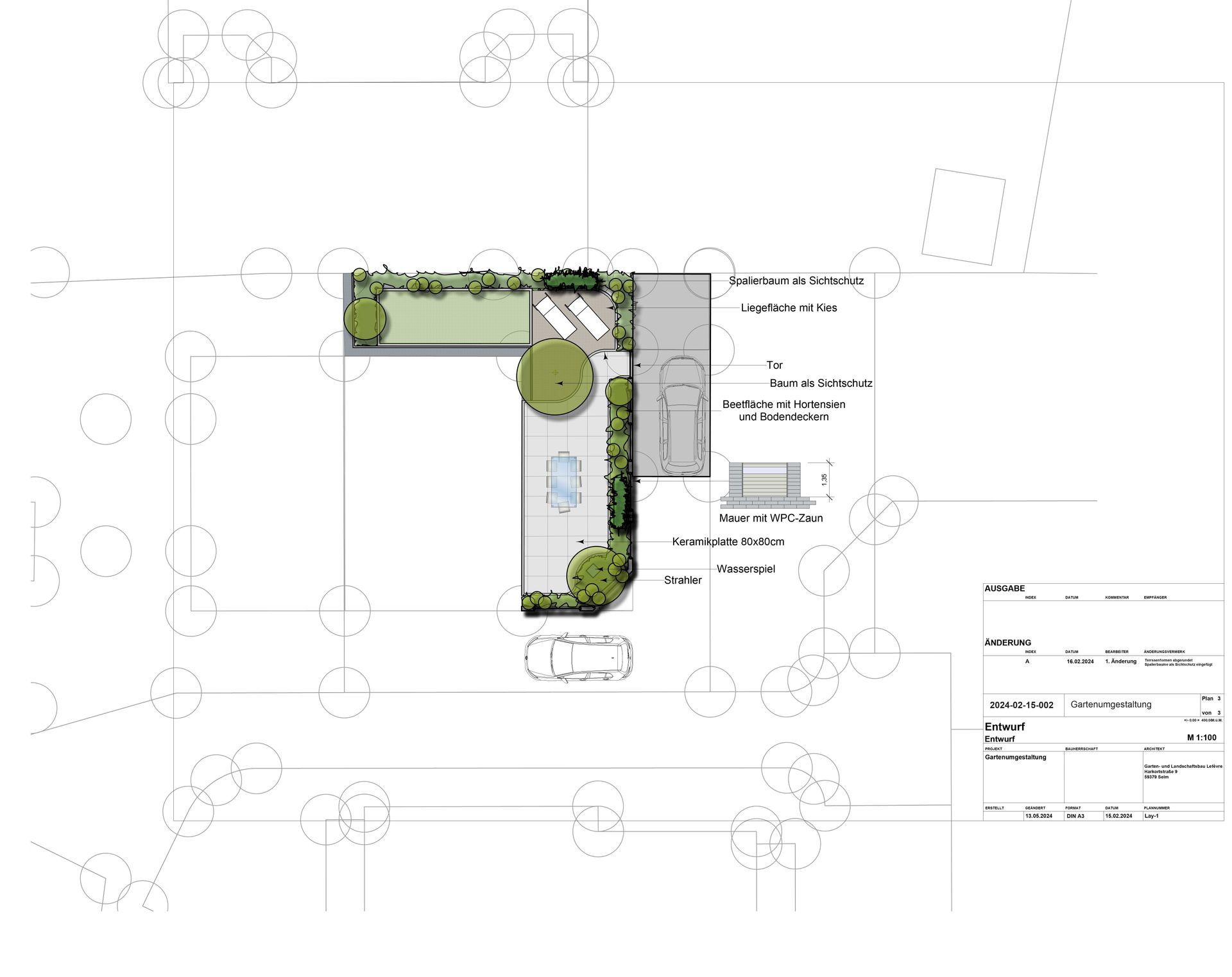Eine Zeichnung eines Hauses mit Garten und Pool
