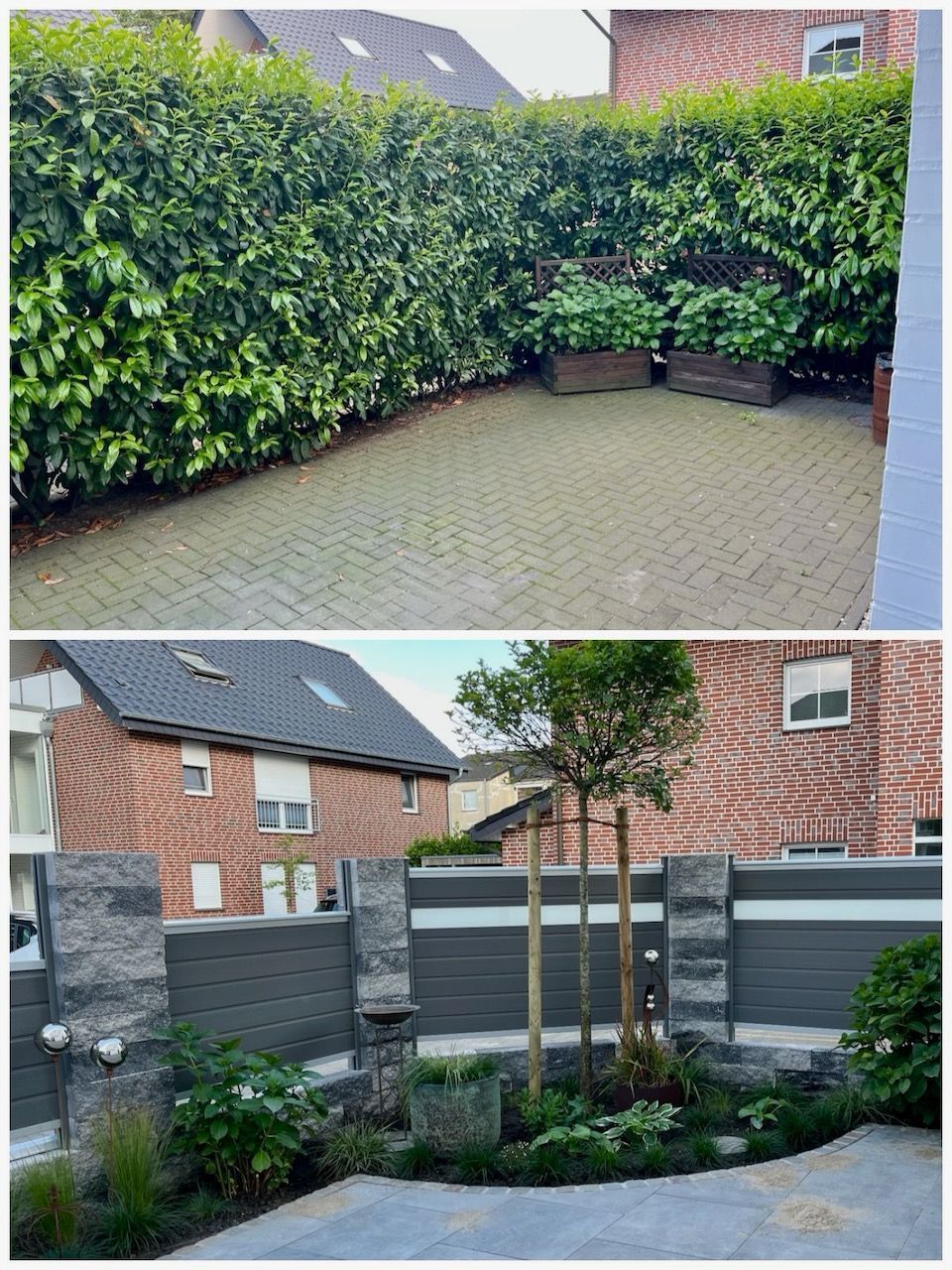 Ein Vorher-Nachher-Bild eines Zauns und eines Backsteinhauses