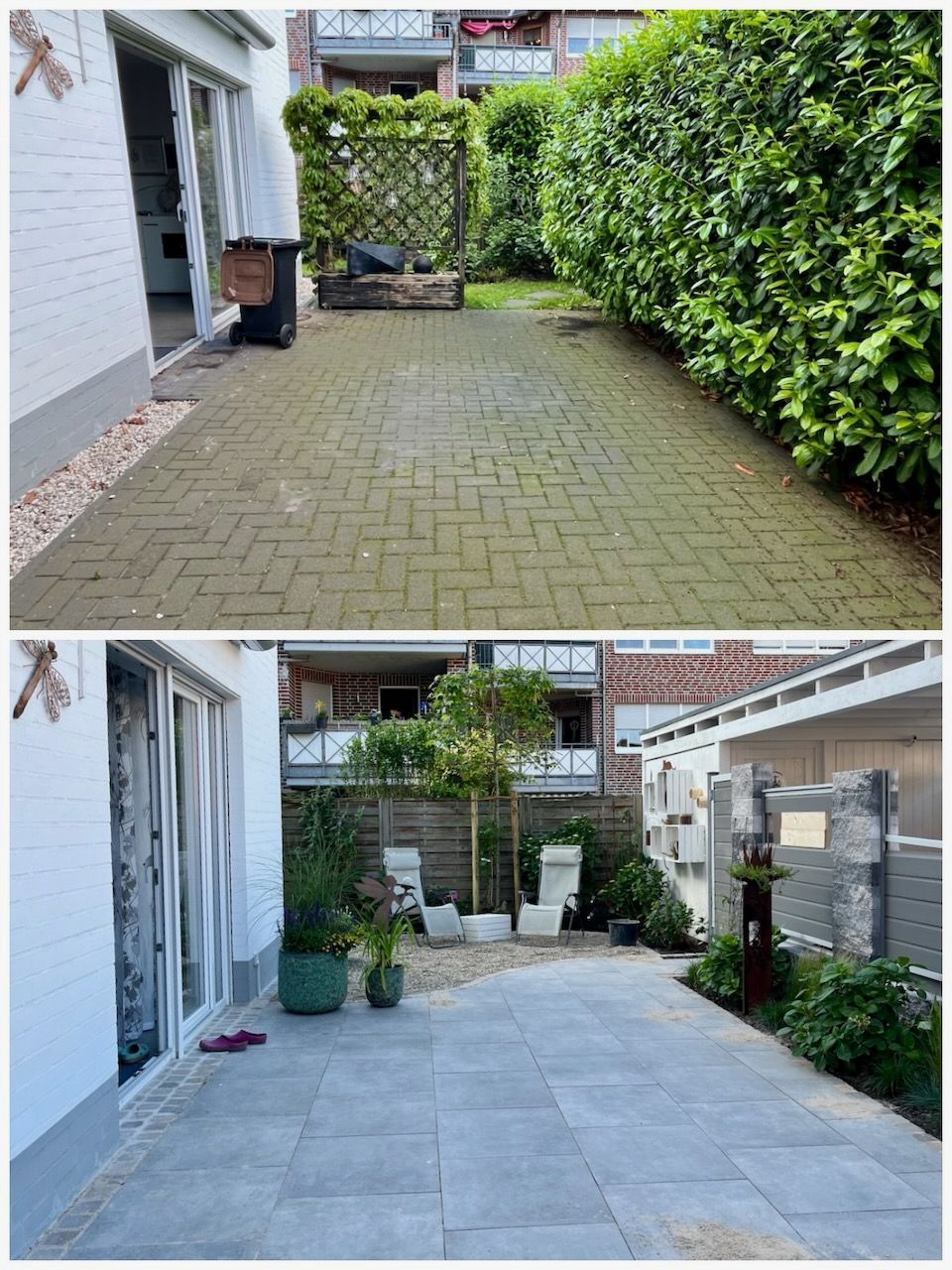 Es gibt ein Vorher-Nachher-Bild einer Terrasse