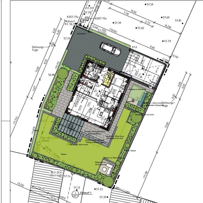 Eine Zeichnung eines Hauses und seines Grundstückes