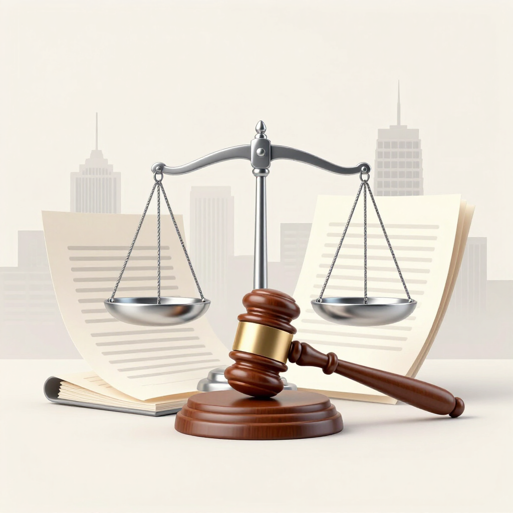 Mazo de juez y balanza de la justicia sobre un escritorio legal con libros abiertos al fondo.