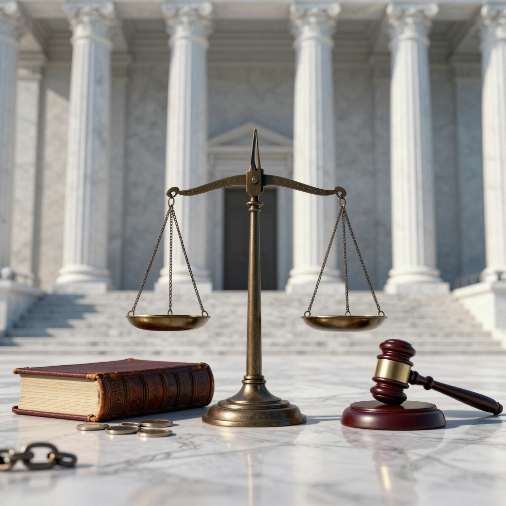 Balanza de la justicia, mazo y libro de leyes frente a la fachada de un juzgado.