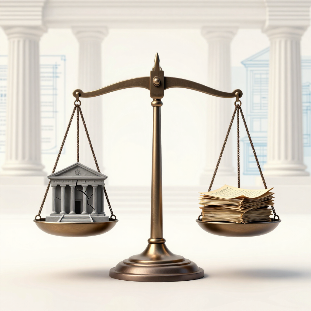 Balanza equilibrada con juzgado y pila de papeles, que simbolizan la ley y la justicia.