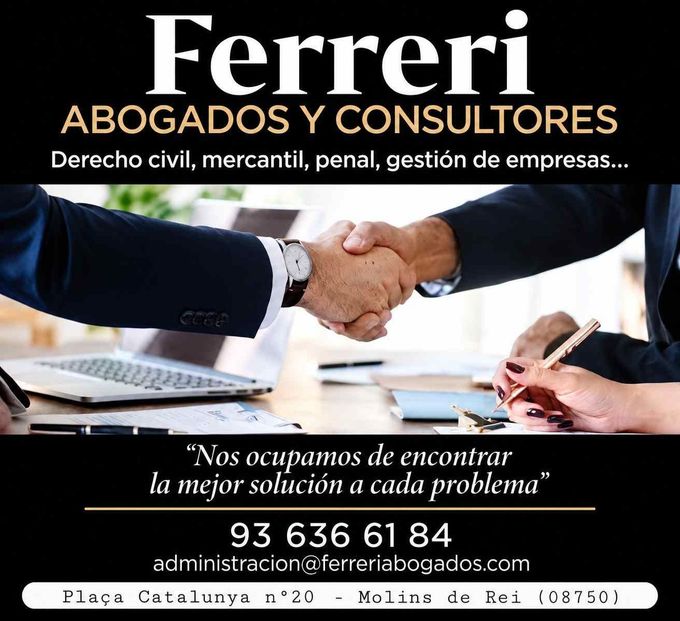 Ferreri abogados y consultores: manos estrechándose en oficina, con lema y datos de contacto.