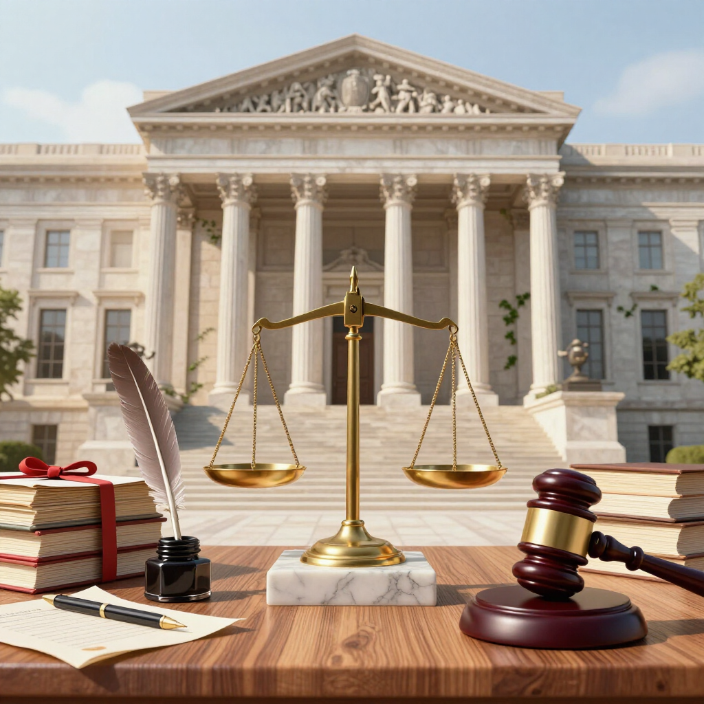 Balanza de la justicia, mazo y libros de leyes frente a un gran juzgado.