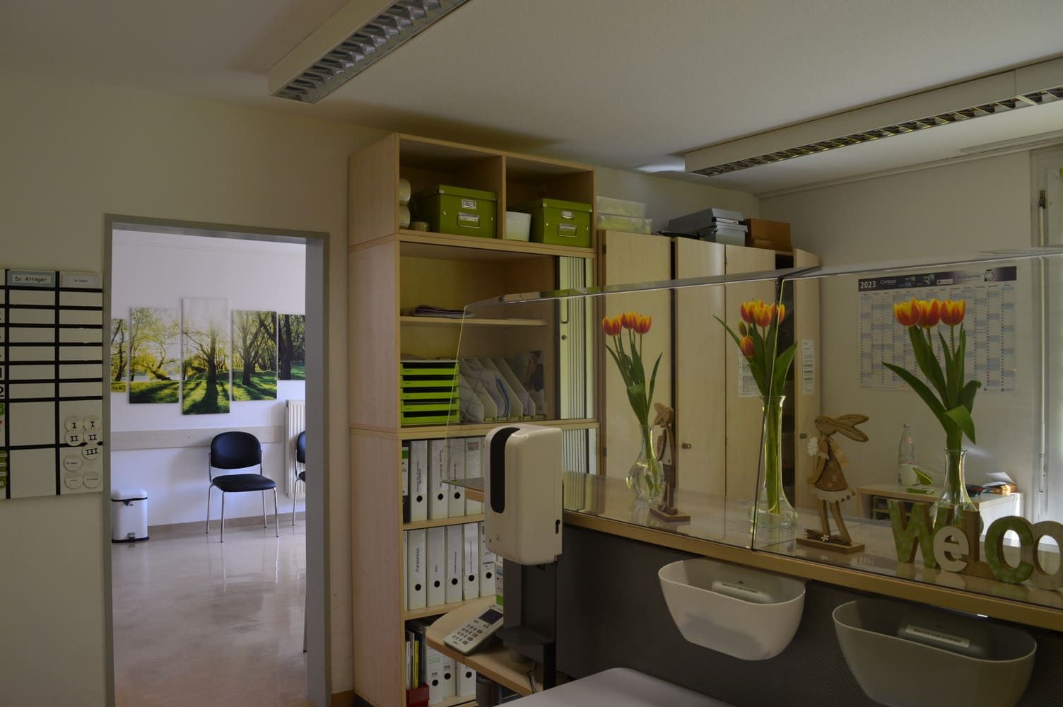 Büroempfangsbereich mit Schränken, Blumen und einer offenen Tür zu einem Wartezimmer.