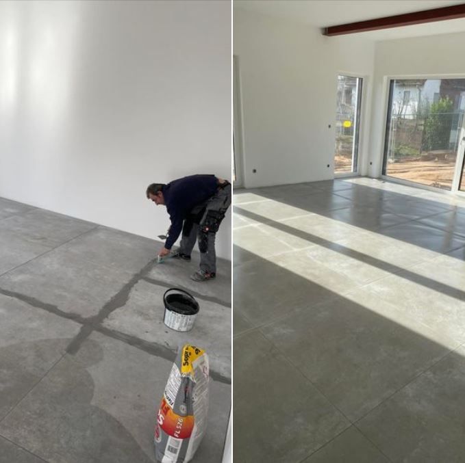 Eine geteilte Ansicht zeigt links einen Arbeiter beim Verfugen großer grauer Bodenfliesen und rechts den fertig gefliesten Raum.