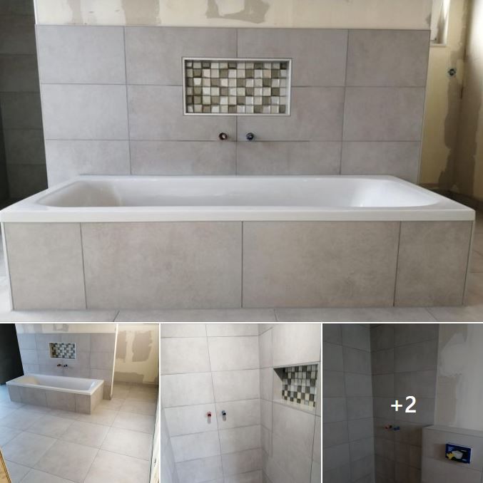 Eine Badezimmersanierung mit gefliester Badewanne, passender Duschkabine mit Mosaiknische und wandhängendem WC.