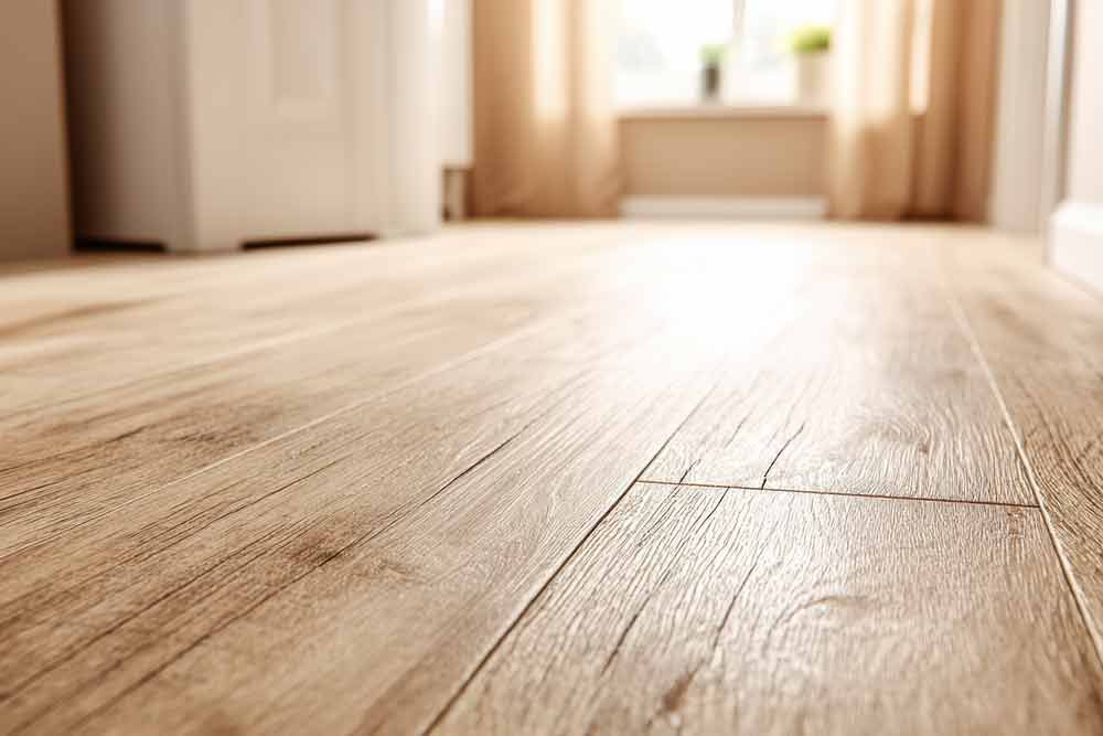 Nahaufnahme von hellbraunen Hartholzdielen, im Hintergrund ein verschwommener weißer Schrank und ein Fenster.