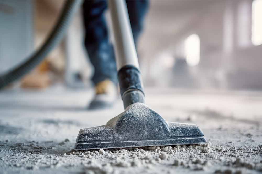 Ein Staubsaugerkopf reinigt einen staubigen Boden; im Hintergrund ist eine Person zu sehen.