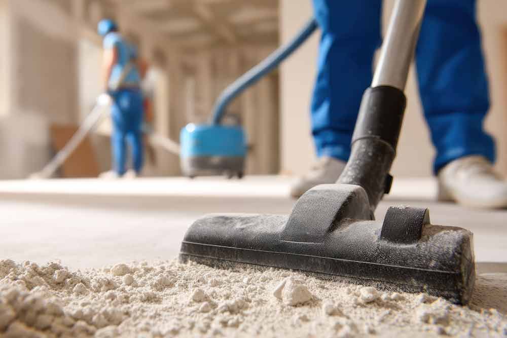 Nahaufnahme eines Staubsaugerkopfes beim Reinigen von Baustaub. Zwei Arbeiter saugen im Hintergrund.