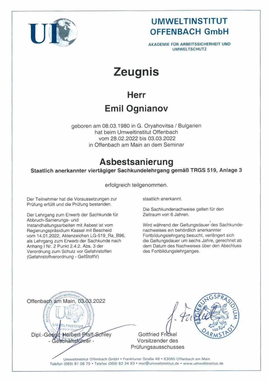 Zertifikat des Umweltinstituts Offenbach GmbH für Emil Ognianov über eine Asbestschulung.