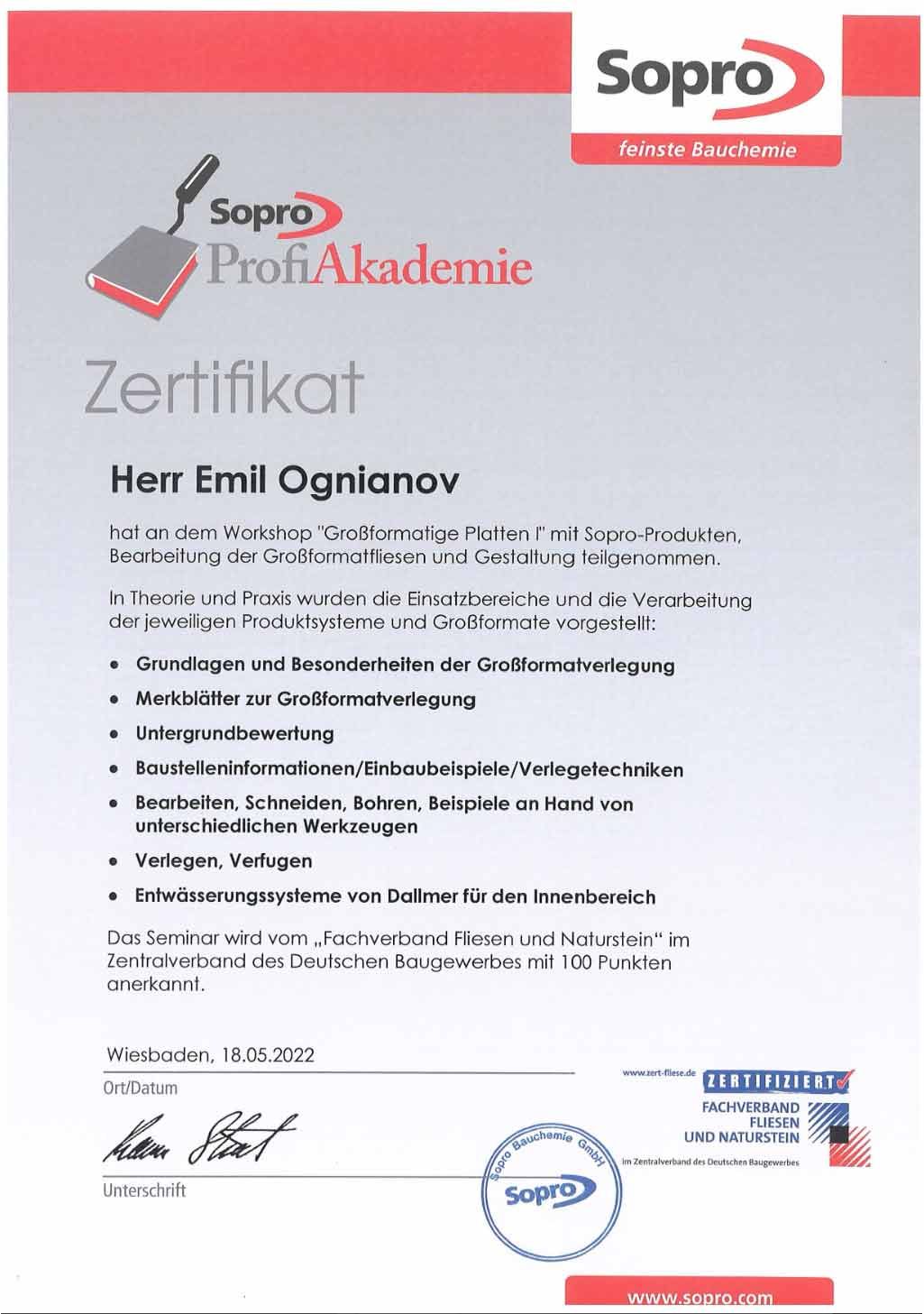 Zertifikat der Sopro ProfiAkademie für Herrn Emil Ognianov, datiert 11.03.2022, mit Sopro-Logo und roten Akzenten.