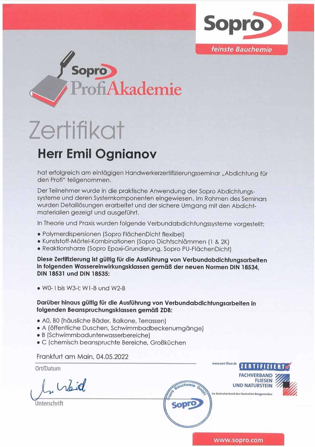 Zertifikat der Sopro ProfiAkademie für Emil Ognianov, weißer Hintergrund, rote Akzente.