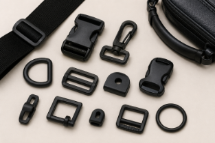 Bolsa de plástico negra y hebillas, presillas y clips dispuestos sobre un fondo claro.